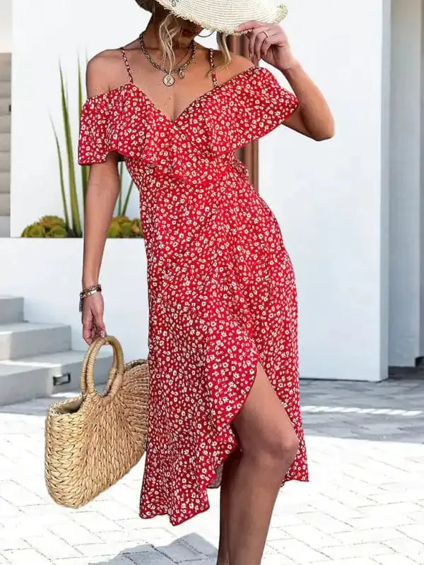 Women’s woven one-shoulder floral sling irregular mid-length dress