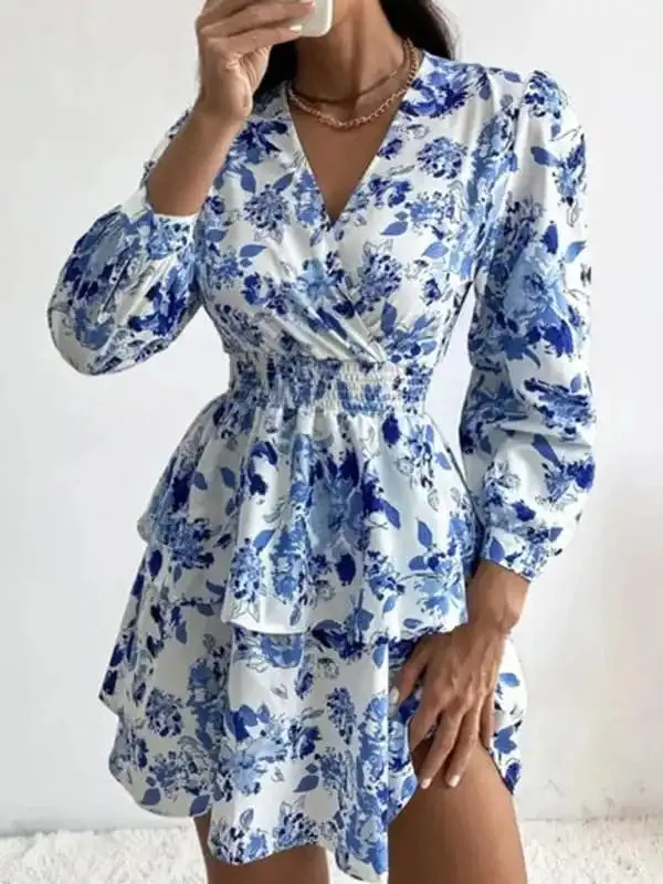 Women’s Woven Print Fashion V Neck Pleated Long Sleeve Dress