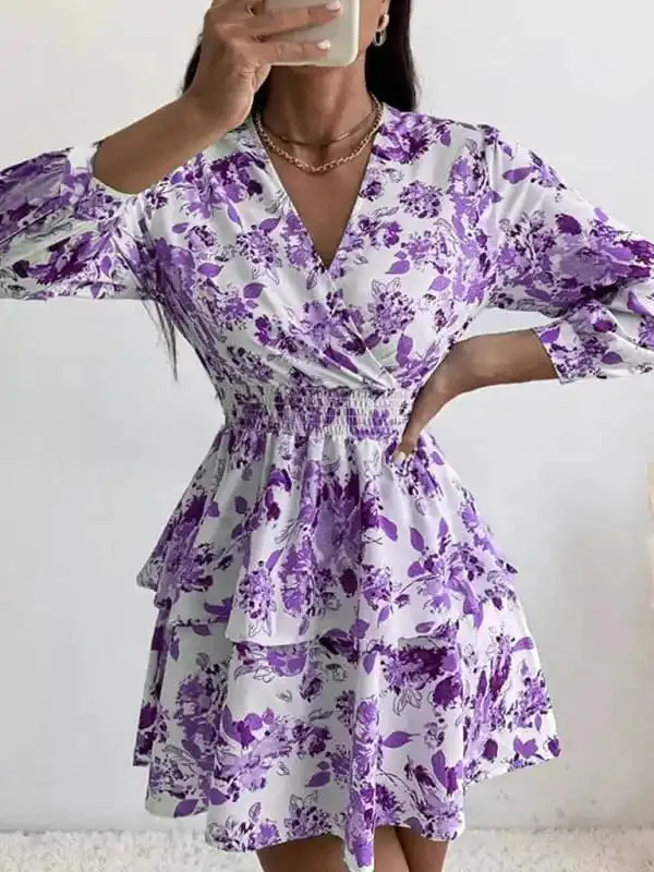 Women’s Woven Print Fashion V Neck Pleated Long Sleeve Dress