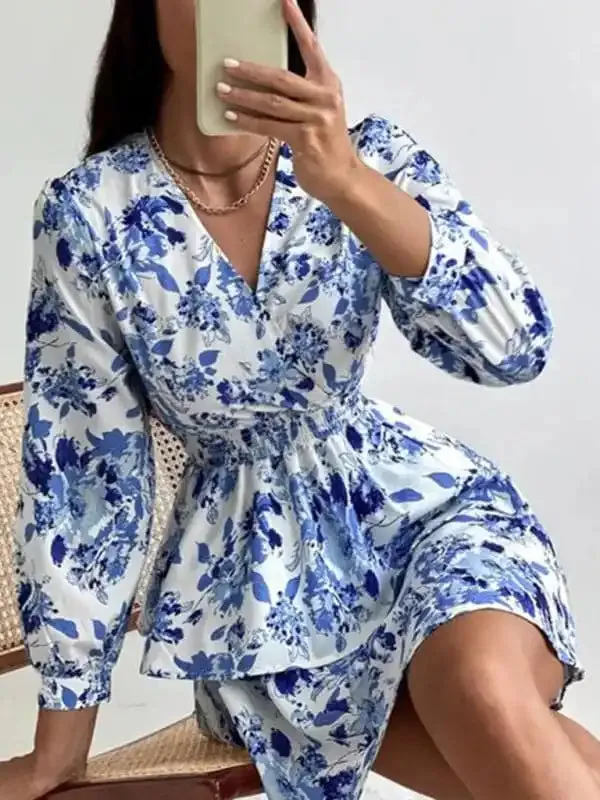 Women’s Woven Print Fashion V Neck Pleated Long Sleeve Dress