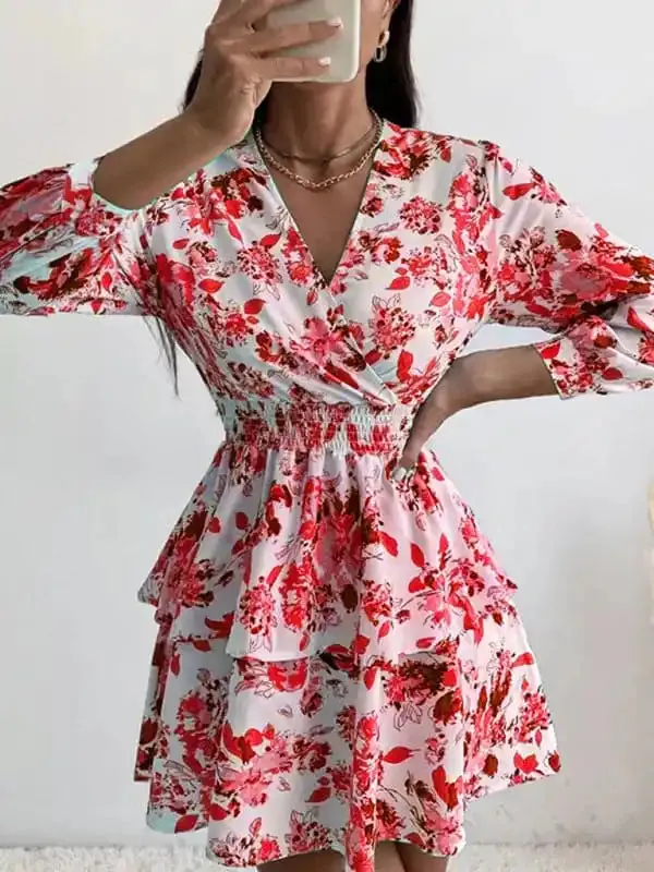 Women’s Woven Print Fashion V Neck Pleated Long Sleeve Dress