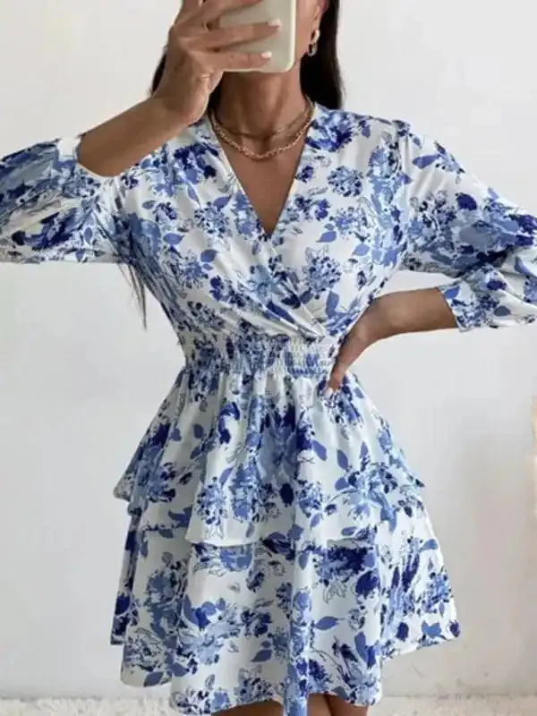 Women’s Woven Print Fashion V Neck Pleated Long Sleeve Dress