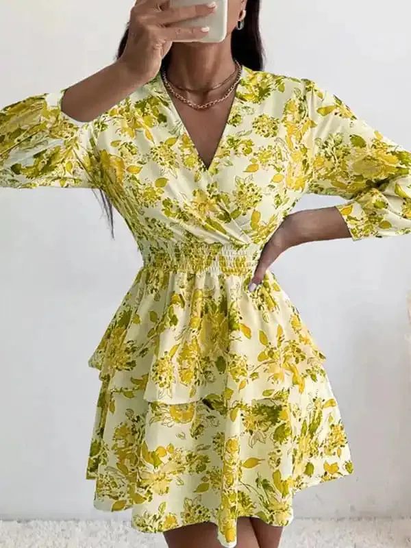 Women’s Woven Print Fashion V Neck Pleated Long Sleeve Dress