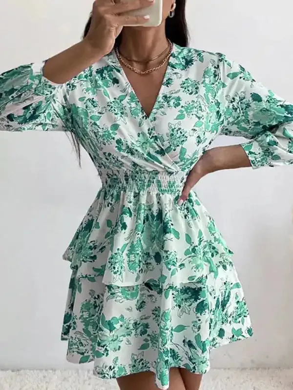 Women’s Woven Print Fashion V Neck Pleated Long Sleeve Dress