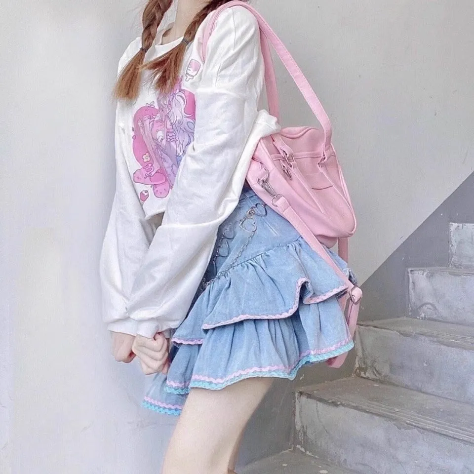 Y2K Sweet Cute Pink & Blue Rim Blue Denim Layered Mini Skirt
