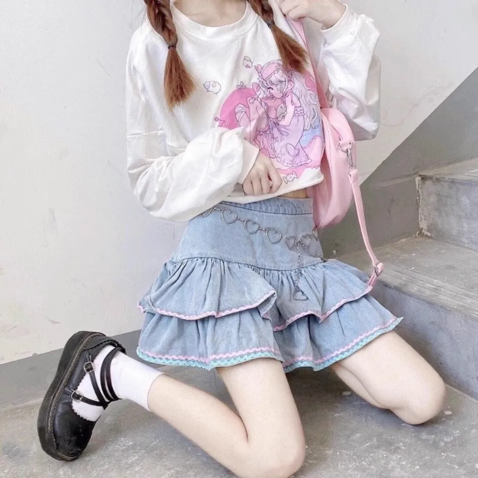 Y2K Sweet Cute Pink & Blue Rim Blue Denim Layered Mini Skirt