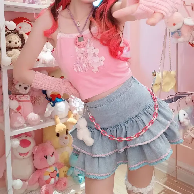 Y2K Sweet Cute Pink & Blue Rim Blue Denim Layered Mini Skirt
