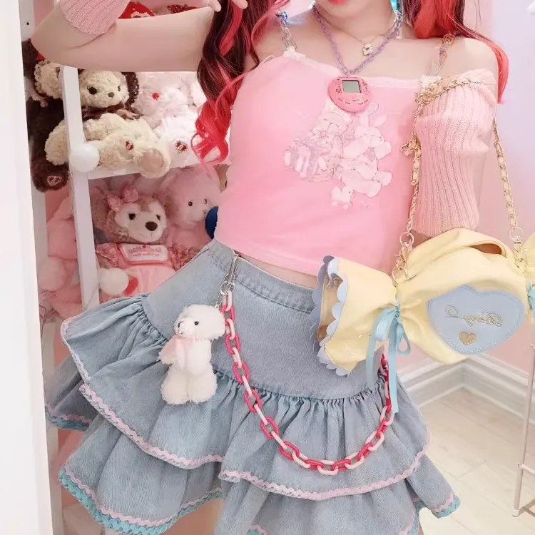 Y2K Sweet Cute Pink & Blue Rim Blue Denim Layered Mini Skirt