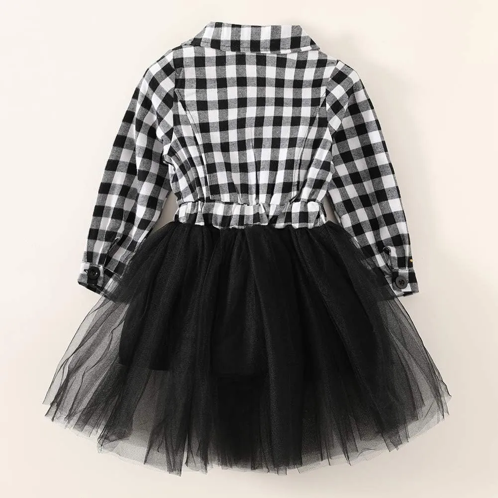 YOUNGER STAR Little Baby Girl Black and White Dress Buffalo Plaid Tutu Skirt Party Princess Formal Outfit Clothes