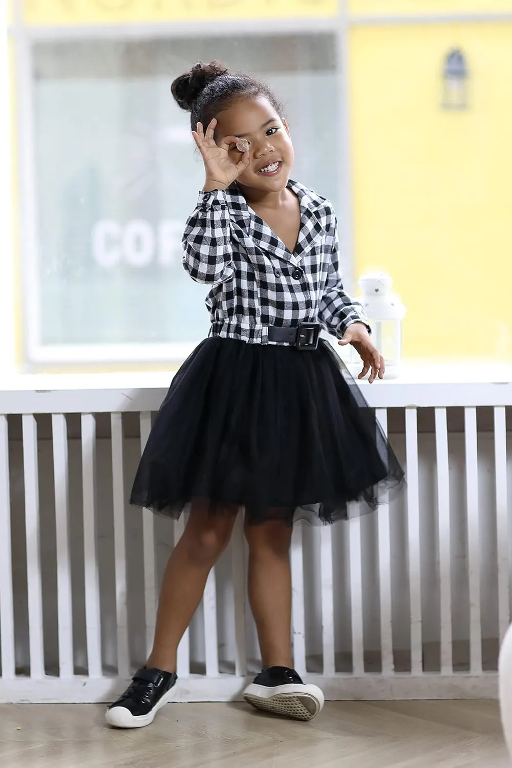 YOUNGER STAR Little Baby Girl Black and White Dress Buffalo Plaid Tutu Skirt Party Princess Formal Outfit Clothes