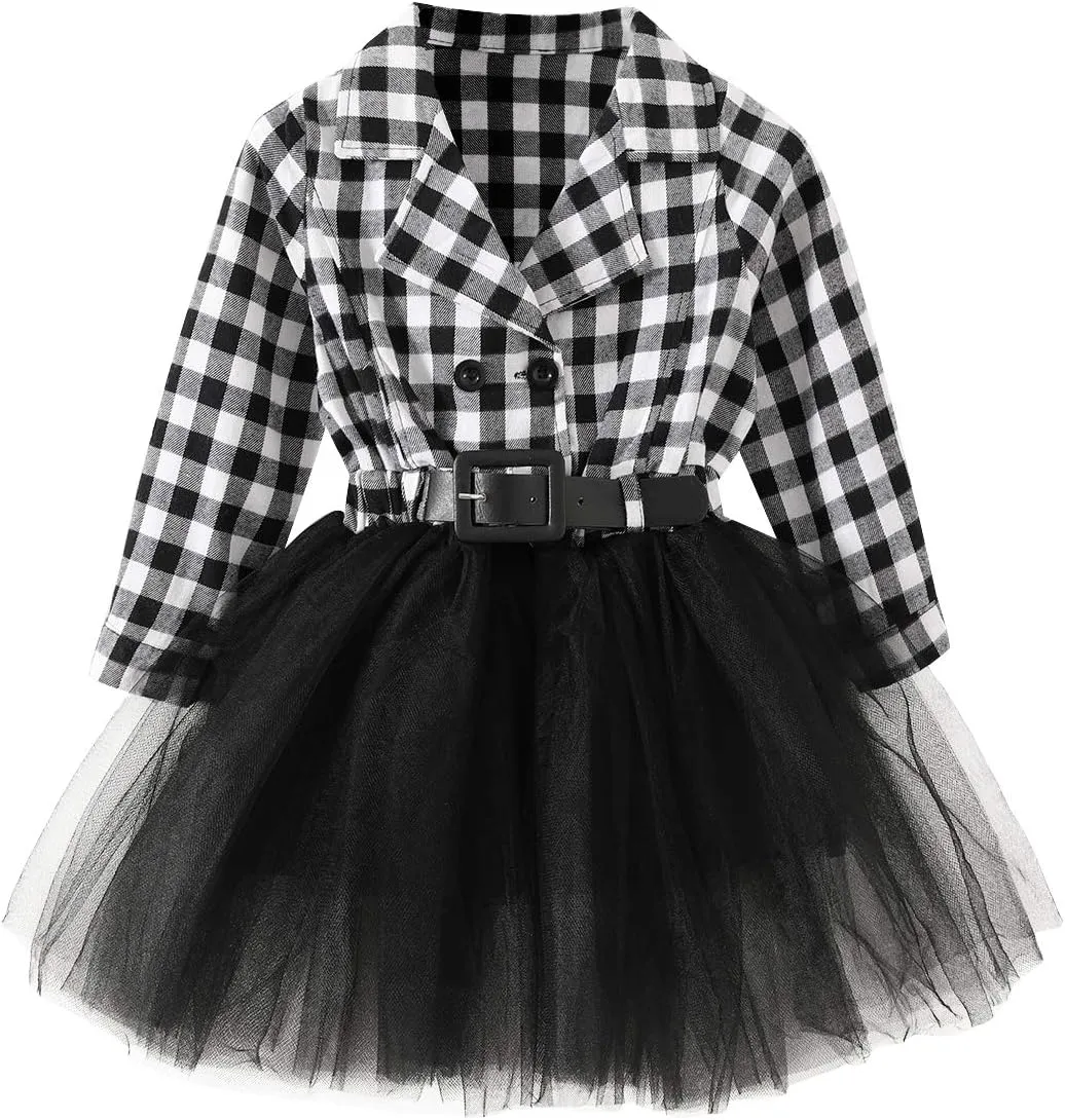 YOUNGER STAR Little Baby Girl Black and White Dress Buffalo Plaid Tutu Skirt Party Princess Formal Outfit Clothes